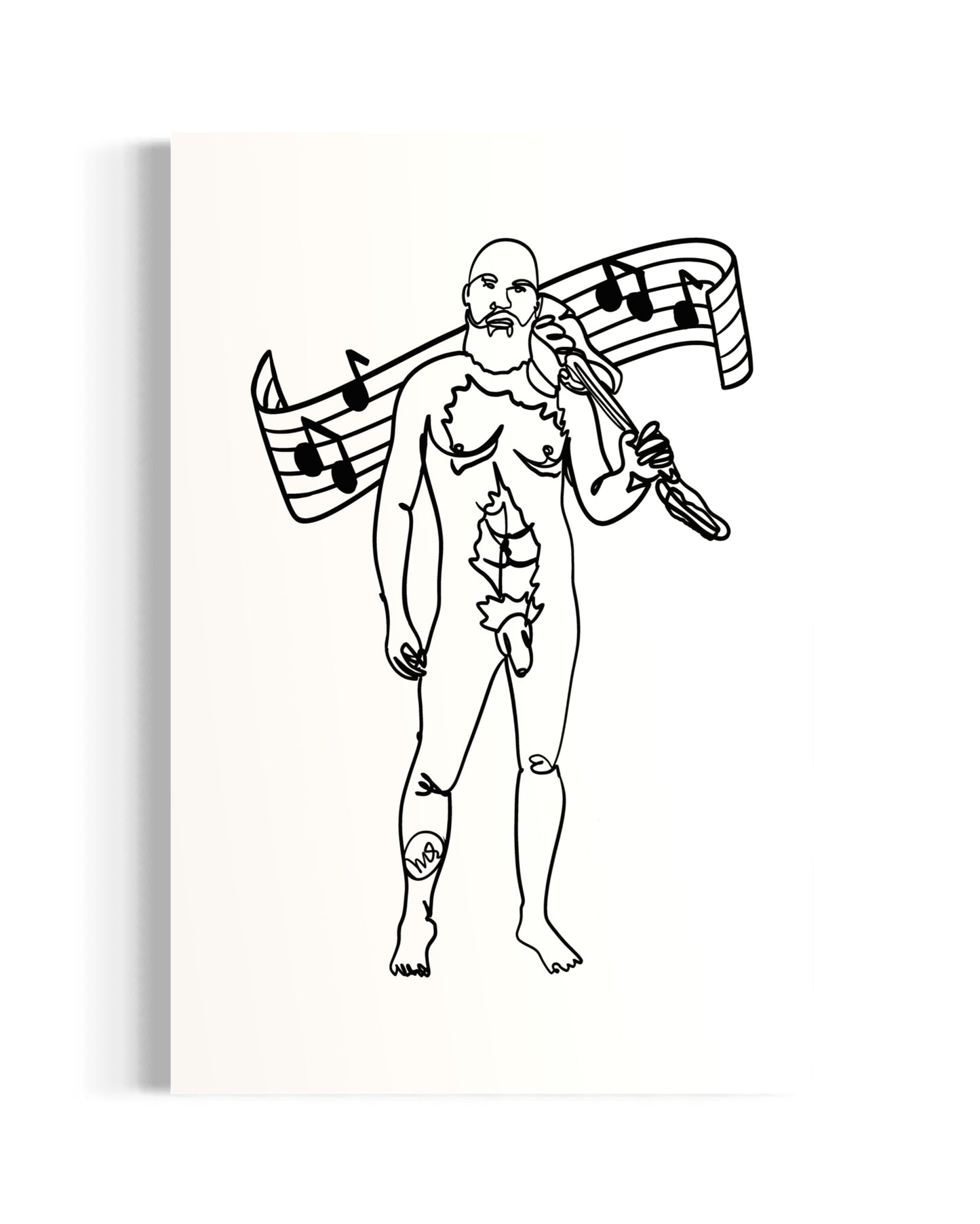 Black and white line drawing of a nude male figure holding a guitar with musical notes on a white background