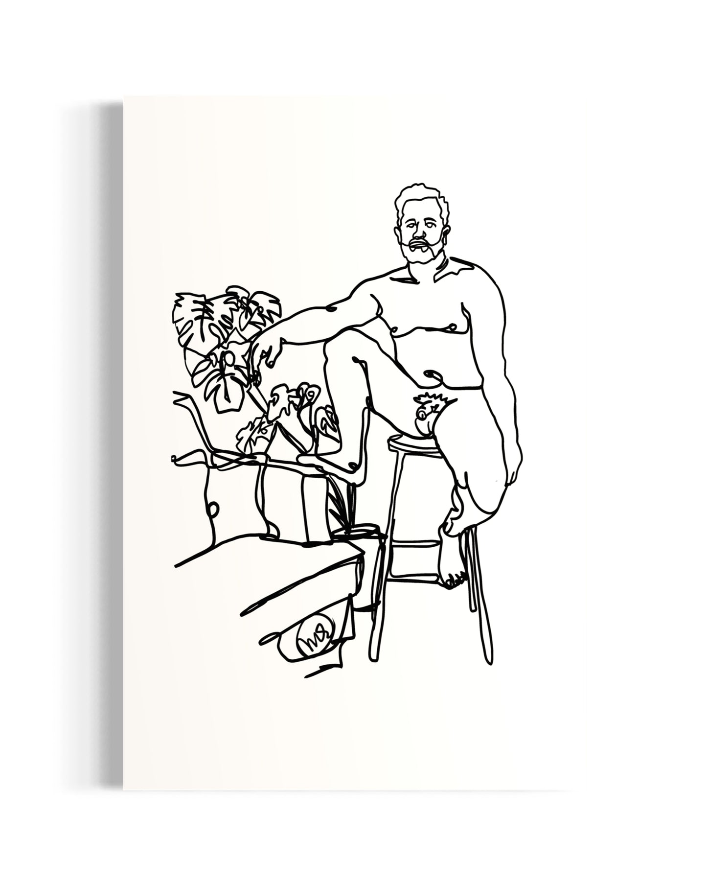 Black and white line drawing of a man sitting on a stool.