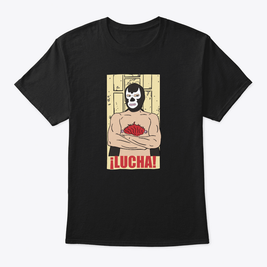 Vibrant lucha-inspired queer character printed on a graphic tee.
